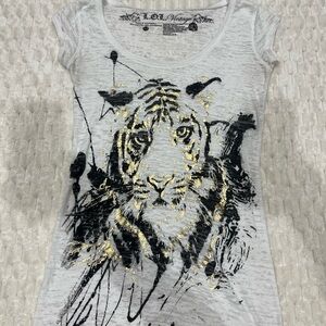 y2k LOL vintage sheer white and gold short sleeve tee